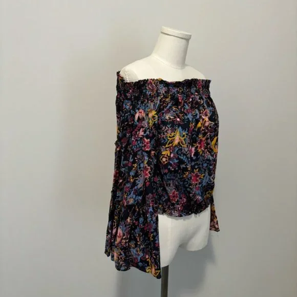 Free People Free Spirited Off The Shoulder Top Bell Sleeve Boho Floral Blouse XS - Picture 13 of 15